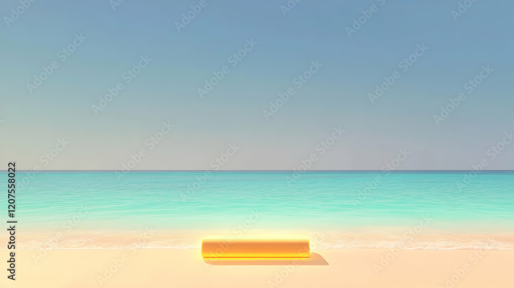 A serene beach with a glowing yoga mat placed neatly on the sand, facing a vibrant ocean under a clear sky A serene beach with a glowing yoga mat placed neatly on the sand, facing a vibrant ocean under a clear sky
