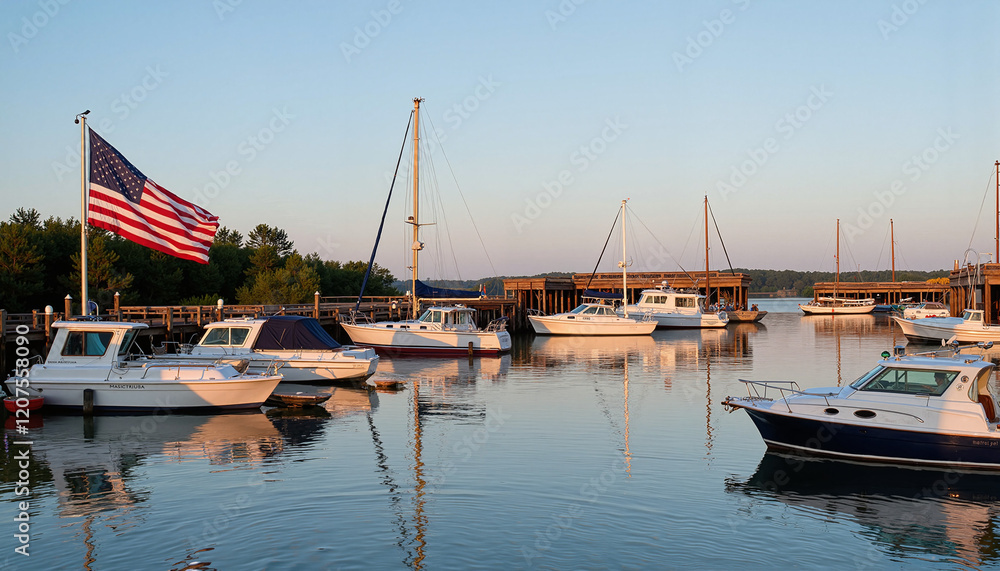 Fototapeta premium Independence Day USA flag waving on a pole in the harbor with boats