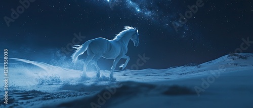 A lone white horse runs across a snowy landscape under a starry sky.