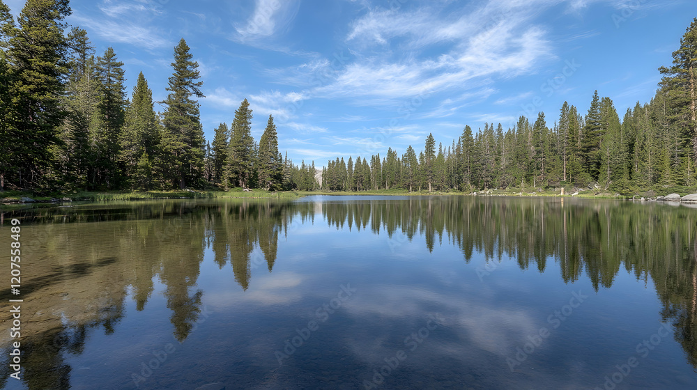 A serene lake surrounded by dense pine trees and clear reflections on the still water under a blue sky with scattered clouds A serene lake surrounded by dense pine trees and clear reflections on the still water under a blue sky with scattered clouds