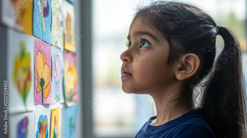 Child gazing intently at vibrant pictures, capturing the imagination and sparking curiosity in the young mind. The essence of childhood wonder and exploration.