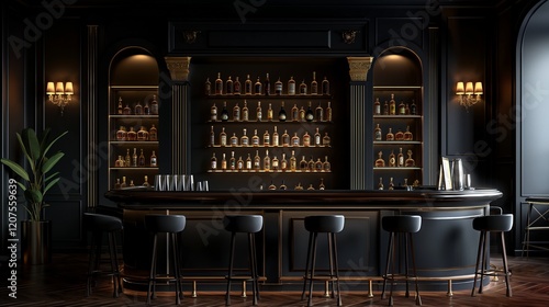 Luxurious classic bar interior background image. Highend barstools, illuminated bottle shelves sophisticated photo backdrop realistic. Elegance and opulence concept photorealistic