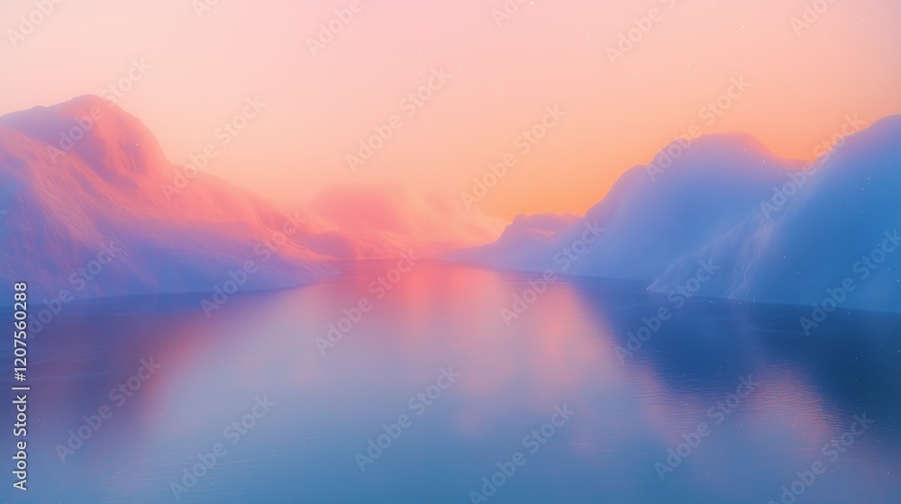 Obraz premium Vibrant pastel colors illuminate tranquil mountain landscape at dawn, reflecting serene beauty of calm water in peaceful setting.