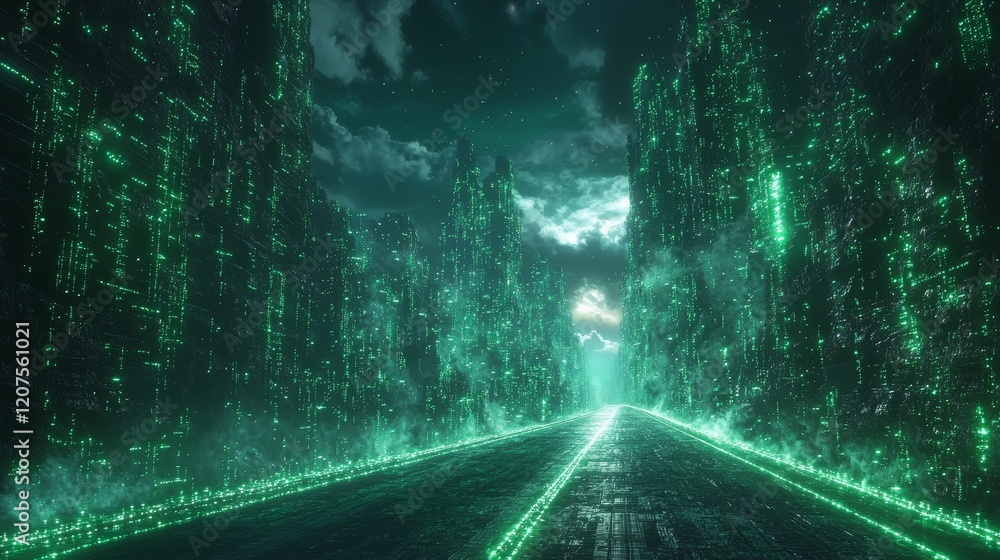 Under the twilight's shadowy veil, neon green lights cast a glow on a shimmering pathway Under the twilight's shadowy veil, neon green lights cast a glow on a shimmering pathway
