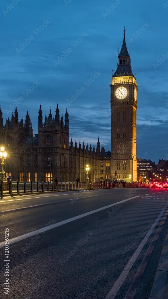 Time lapse view of the illuminated Big Ben and Westminster Palace in London, England, during dusk with blurred street during night time Time lapse view of the illuminated Big Ben and Westminster Palace in London, England, during dusk with blurred street during night time