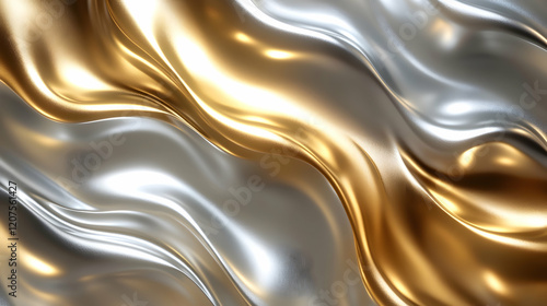 Abstract liquid metal textures with smooth flowing curves and glowing highlights in silver and gold