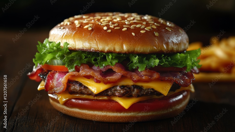 A gourmet burger with layers of bacon, cheese, lettuce, and tomato, served on a sesame seed bun against a dark background A gourmet burger with layers of bacon, cheese, lettuce, and tomato, served on a sesame seed bun against a dark background