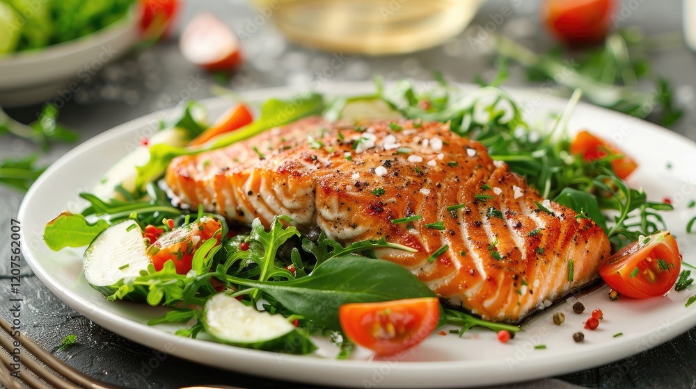 Gourmet Grilled Salmon on Fresh Arugula Salad Gourmet Grilled Salmon on Fresh Arugula Salad