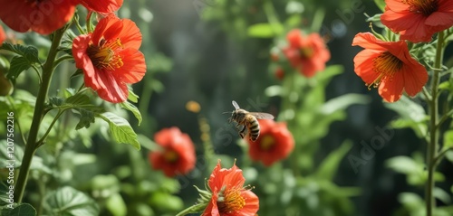 Bee collecting nectar from a bright red tomato blossom in a lush green garden, flower pollination, nature