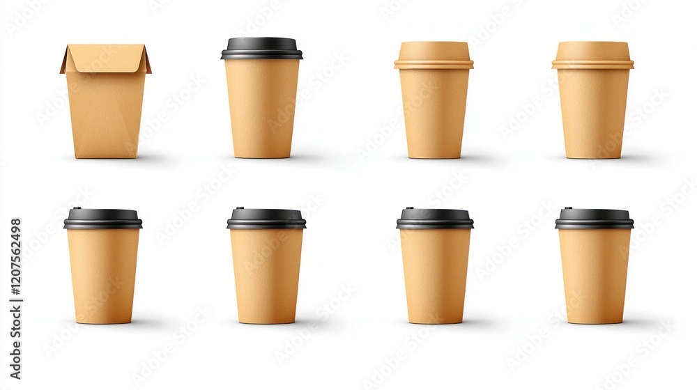 Collection of various sizes and styles of disposable paper coffee cups with black plastic lids, shown against a clean white background. Perfect for showcasing branding and packaging design concepts. Collection of various sizes and styles of disposable paper coffee cups with black plastic lids, shown against a clean white background. Perfect for showcasing branding and packaging design concepts.