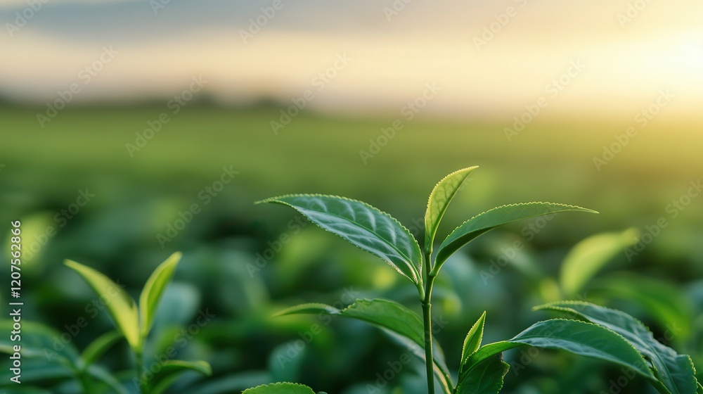 Hand picking matcha at sunrise. Fresh green leaves basking in soft sunlight at sunrise. Hand picking matcha at sunrise. Fresh green leaves basking in soft sunlight at sunrise.