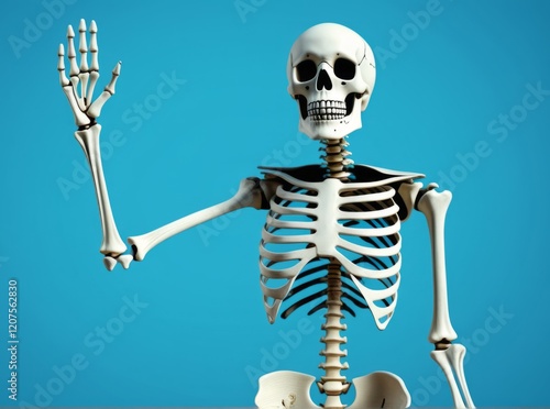 Skeleton waving against a blue background in a playful and engaging manner photo