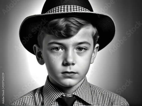 Young boy in a stylish hat poses for a classic black and white portrait showcasing timeless elegance photo