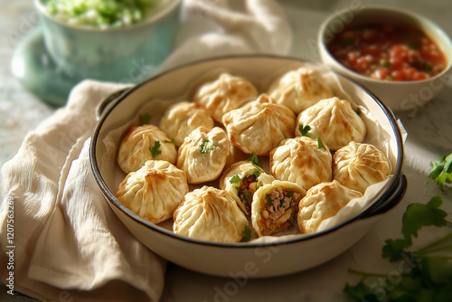 Une assiette de boulettes fumantes garnies d'herbes, servies sur un plateau en bois rustique dans un cadre festif et chaleureux aux chandelles. photo