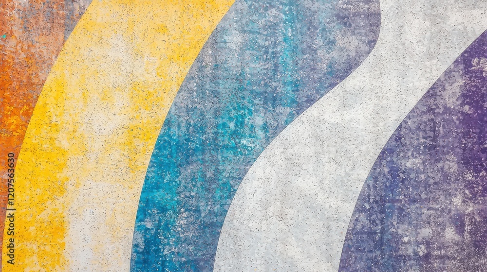 Colorful abstract wall texture with curved lines in yellow, blue, and purple, creating vibrant and artistic background. Perfect for creative projects and designs Colorful abstract wall texture with curved lines in yellow, blue, and purple, creating vibrant and artistic background. Perfect for creative projects and designs