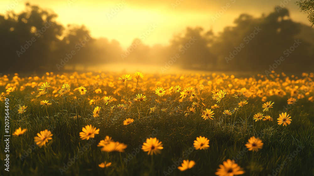 Golden hour sunset over a field of yellow flowers and grass, capturing the essence Golden hour sunset over a field of yellow flowers and grass, capturing the essence