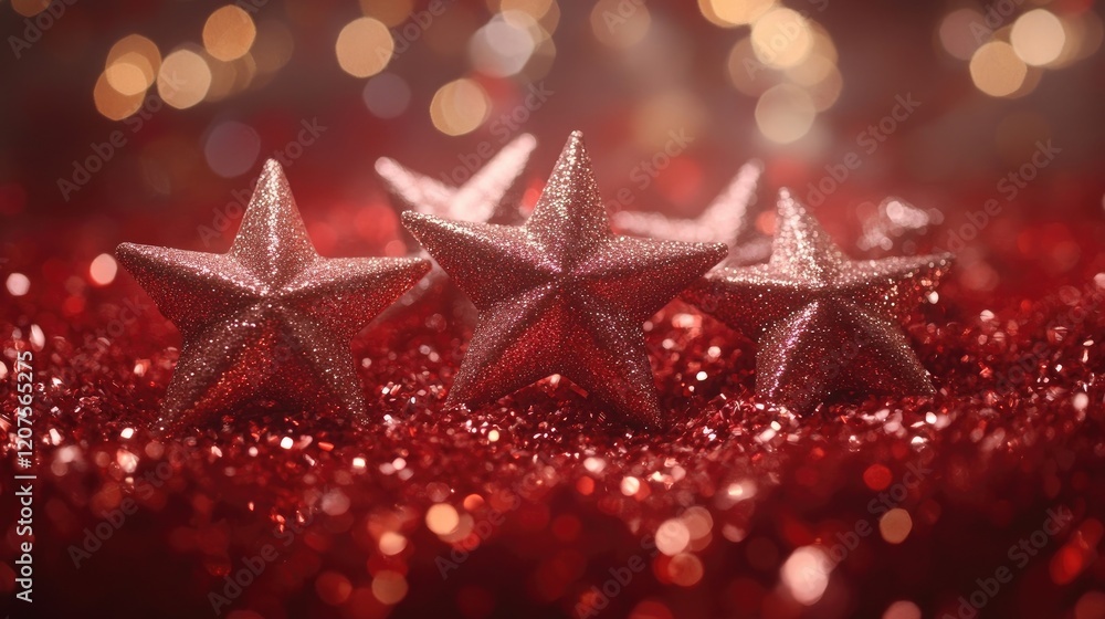 A festive arrangement of shiny metallic stars on a bed of glitter. A festive arrangement of shiny metallic stars on a bed of glitter.