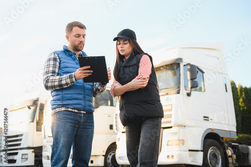 Two professional truck drivers stand in front of the big truck. They talk and perform a technical inspection of the vehicle before next drive. Professional transportation concept photo