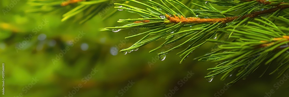 Close-up of dew drops on pine needles in evergreen forest foliage Close-up of dew drops on pine needles in evergreen forest foliage