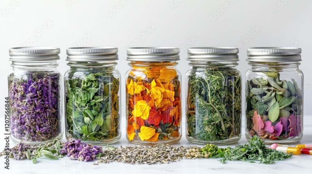 A remedy for chronic pain relief. Various jars filled with colorful dried herbs and flowers arranged in a row. A remedy for chronic pain relief. Various jars filled with colorful dried herbs and flowers arranged in a row.