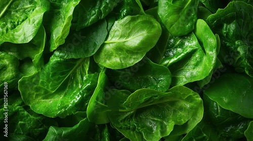 A vibrant arrangement of fresh spinach leaves showcases their lush green color and texture, emphasizing their appeal in culinary dishes and healthy eating. photo