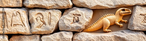 Ancient Egyptian Wall Artwork with Hieroglyphs and Stone Design