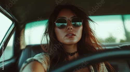 A stylish woman sporting sunglasses sits behind the wheel of a vintage car, capturing an essence of confidence, adventure, and nostalgia while enjoying a road trip experience. photo