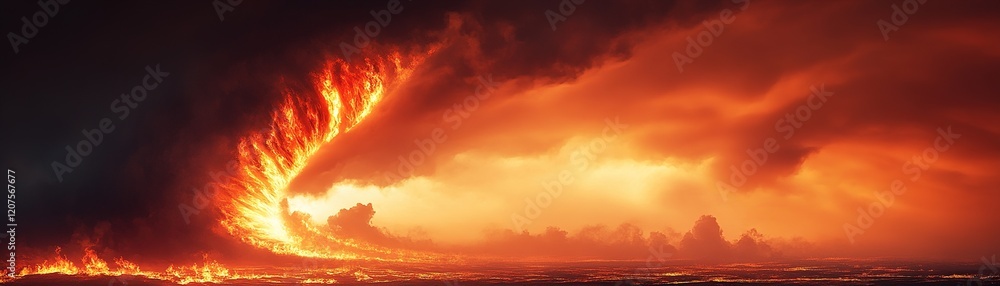 A powerful display of an abstract fire tornado merges into a dark smoky sky. Swirling flames and glowing embers create a dramatic effect, ideal for bold text overlay A powerful display of an abstract fire tornado merges into a dark smoky sky. Swirling flames and glowing embers create a dramatic effect, ideal for bold text overlay