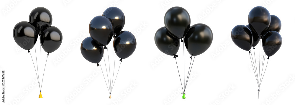 Set of black helium balloons, isolated on transparent background Set of black helium balloons, isolated on transparent background
