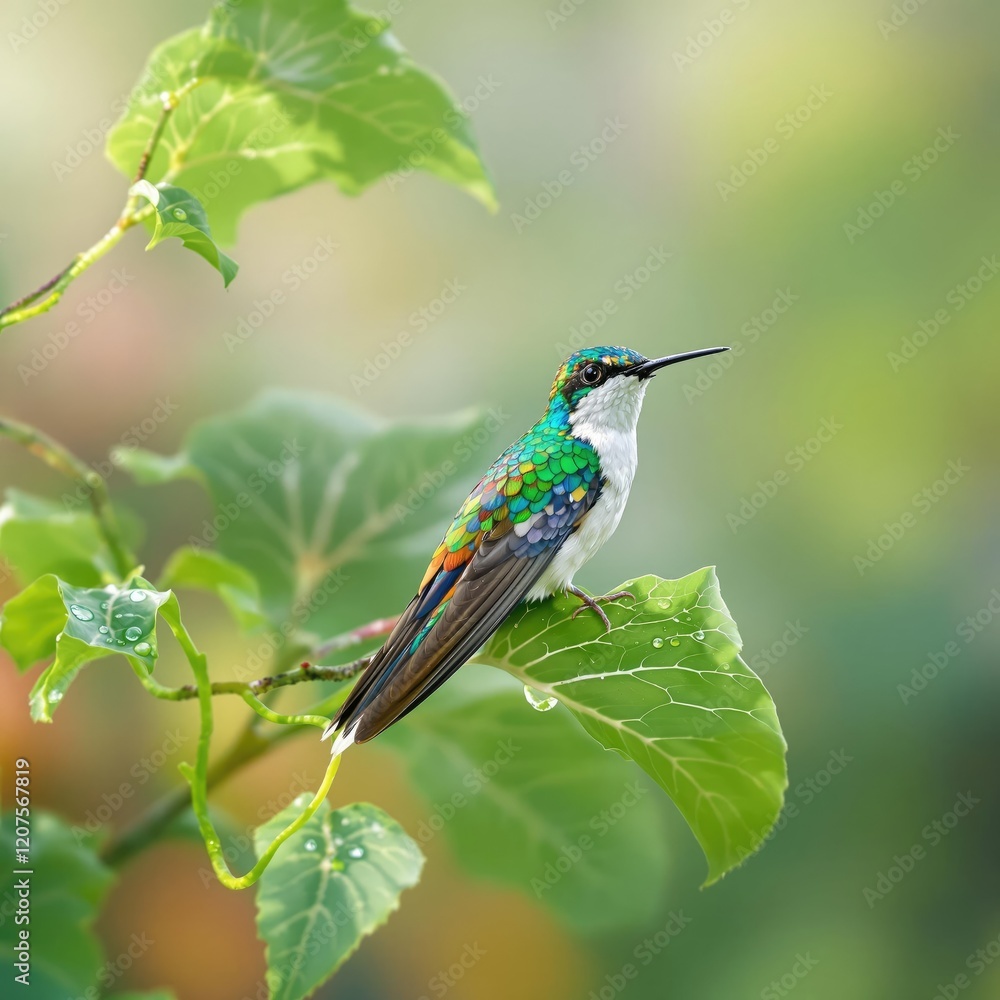Fototapeta premium Beautiful white bootied racket tail hummingbird on a lush green leaf, tropical bird, small, wildlife conservation