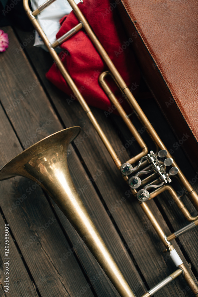 Fototapeta premium Golden trumpet. Musical instrument. A wind instrument. Trumpet playing.