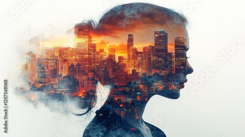 Double Exposure of a Woman’s Silhouette with a Reflective City Skyline 3