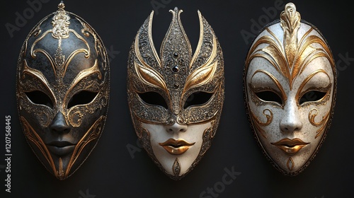 Three elegant theatrical masks in black, gold, and silver, showcasing exquisite craftsmanship and artistic detail. photo