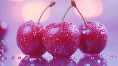Three juicy cherries with water droplets on a reflective surface, set against a soft purple background