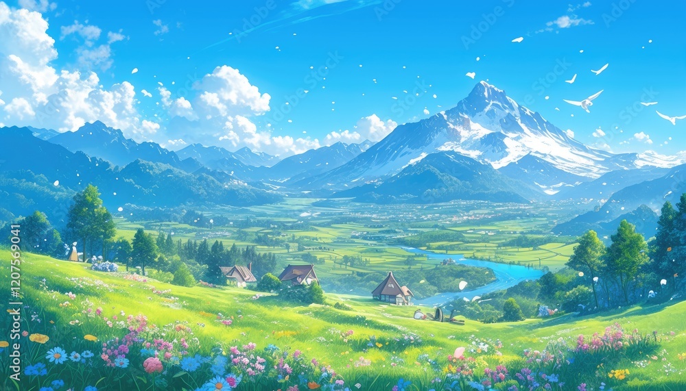 Obraz premium Idyllic Mountain Village Spring Landscape Scene