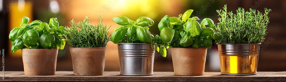 Fresh Herbs in Pots on Wooden Table with Warm Background Light Fresh Herbs in Pots on Wooden Table with Warm Background Light