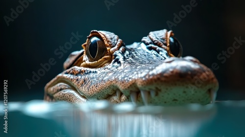 An intriguing close-up of a crocodile's head above water, emphasizing its intense gaze and sharp teeth, reflecting nature's brutality and mesmerizing allure. photo