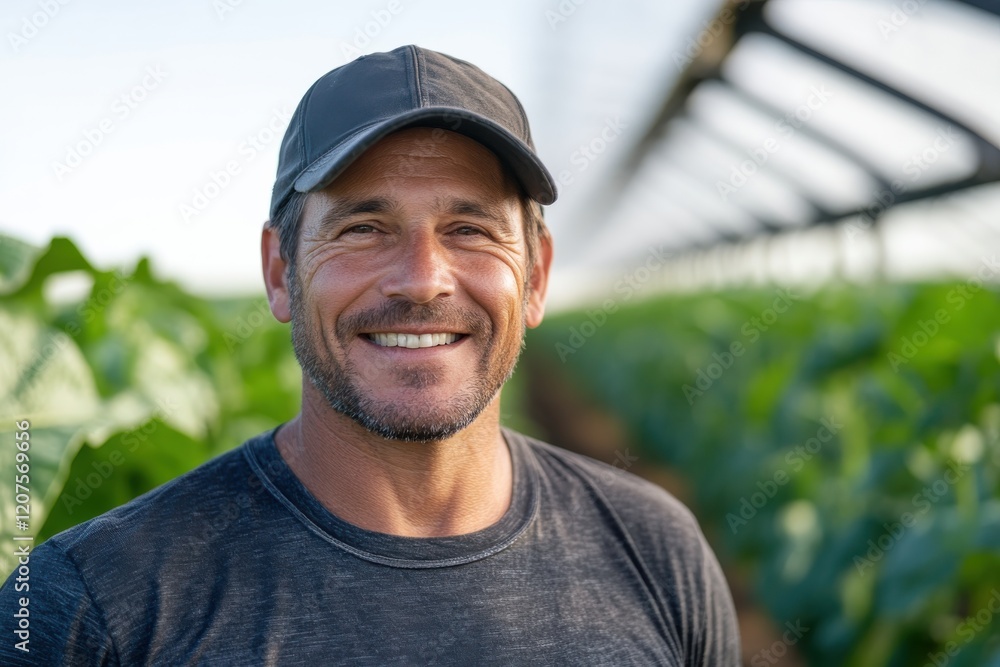 A cheerful farmer poses confidently in a row of thriving plants, reflecting hard work and dedication to cultivating fresh produce in a beautiful agricultural setting. A cheerful farmer poses confidently in a row of thriving plants, reflecting hard work and dedication to cultivating fresh produce in a beautiful agricultural setting.