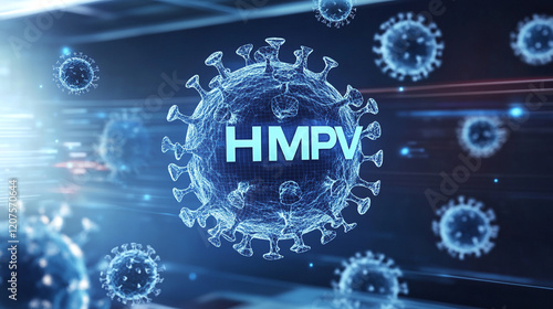 Microscopic view of HMPV Human metapneumovirus with medical instrument,  blueprint of lungs and virus in the background,  Human metapneumovirus or HMPV similiar as covid 19 virus. photo