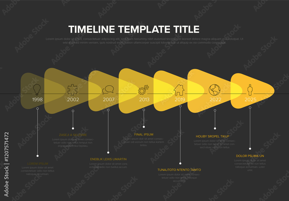 Infographic Dark Timeline Template with Icons and yellow transparent triangle arrows