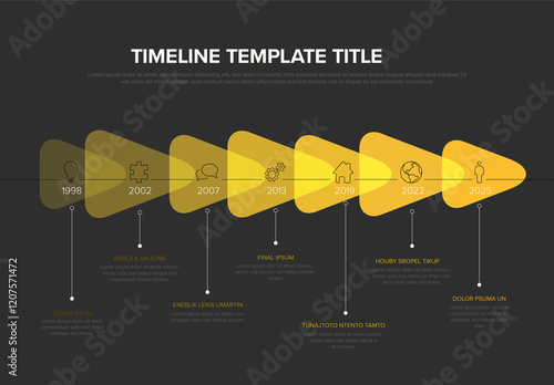 Obraz na płótnie Infographic Dark Timeline Template with Icons and yellow transparent triangle arrows w salonie