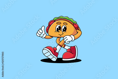 taco mexican food retro cartoon character mascot illustration with walking pose and showing thumbs up hand for restaurant, food court, cafe mascots and merchandise