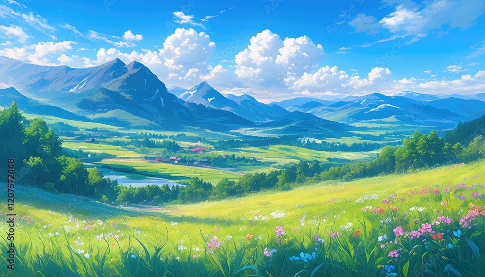 Obraz premium Sunny Valley Landscape with Blooming Wildflowers and Mountains
