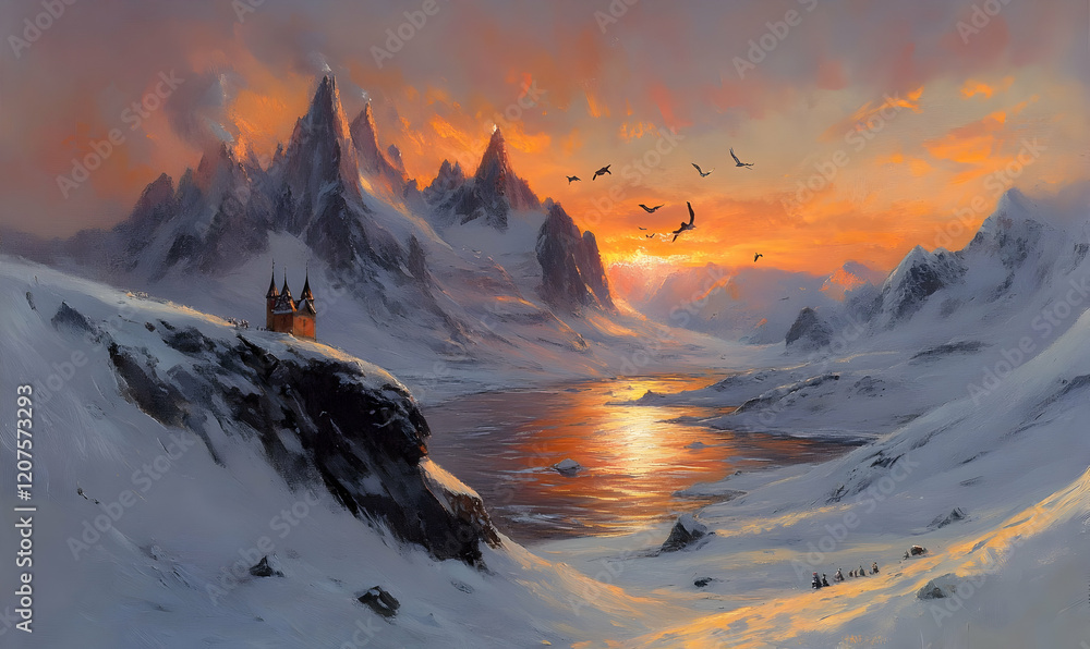 Obraz premium Sunset over snowy mountains, castle, lake