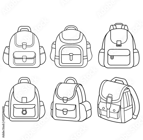 Cute kids backpack black and white vector line art.  Coloring book page for kids