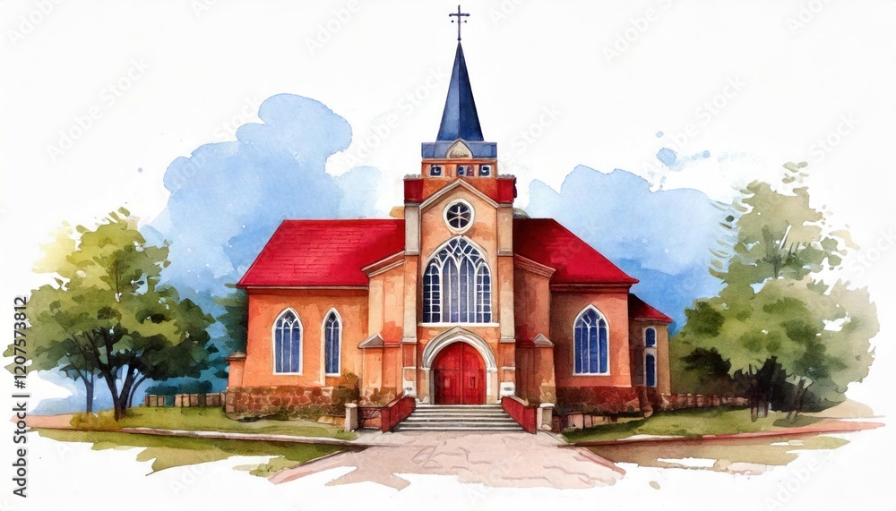 Obraz premium Beautiful brick church small town watercolor art peaceful setting front view serenity