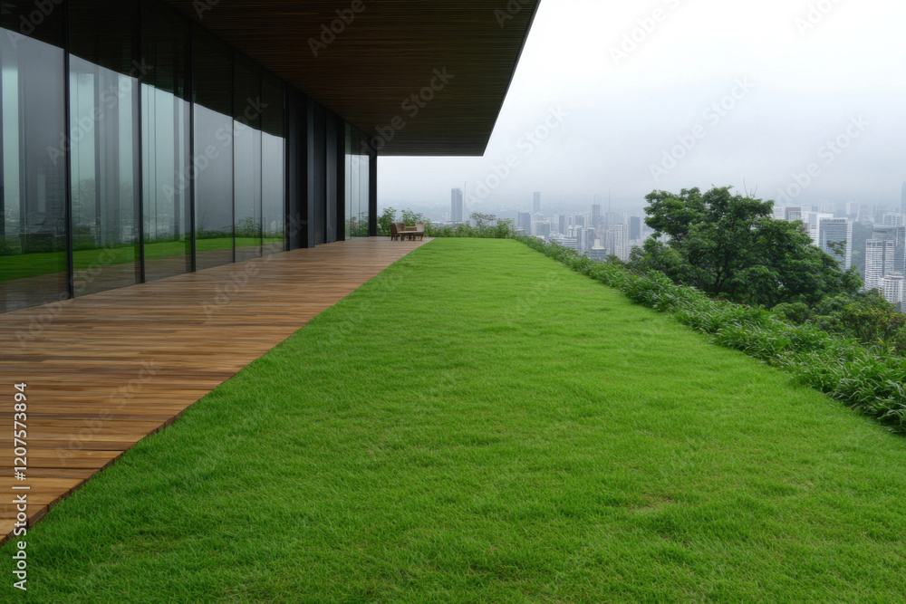 A large house with a wooden deck overlooking a city A large house with a wooden deck overlooking a city