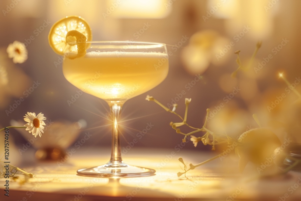 Festive Easter cocktail in delicate light with lemon garnish and spring flowers Festive Easter cocktail in delicate light with lemon garnish and spring flowers