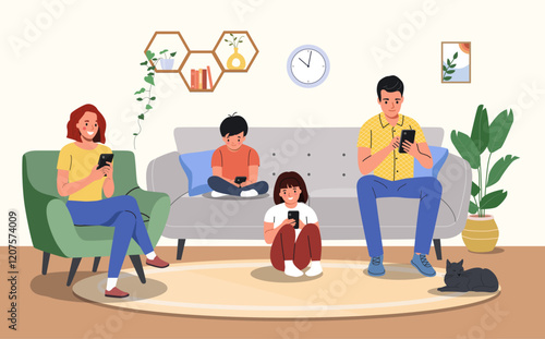 Mother and father with children sitting on the sofa with smartphones. Vector flat illustration