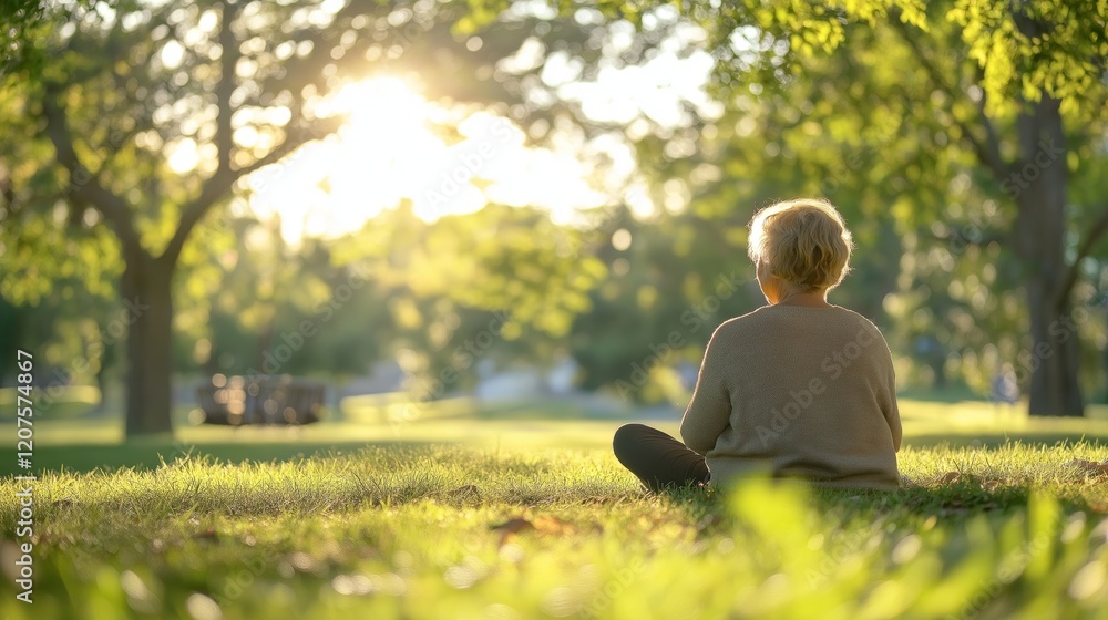 An overweight individual practices yoga in a serene park, surrounded by greenery and bright sunlight during a peaceful moment An overweight individual practices yoga in a serene park, surrounded by greenery and bright sunlight during a peaceful moment